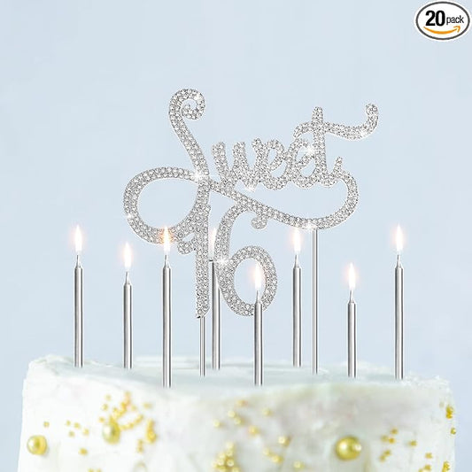 Tondiamo Sweet 16 Birthday Decorations Rhinestone Sweet 16 Cake Toppers 20 Pcs Metallic Happy Birthday Candles 16 Cake Decorations for Cupcake Decor(Silver)