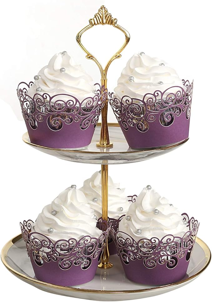 Cupcake Wrappers, KPOSIYA 100 Pack Cupcake Wraps Filigree Artistic Bake Cake Paper Cup Little Vine Laser Cut Liner Baking Cups Muffin Case Trays for Wedding Party Birthday Decoration (100, Purple)