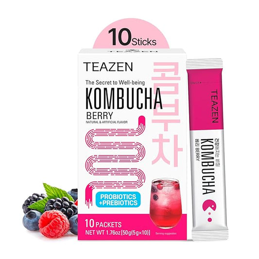 TEAZEN Berry Kombucha Tea, Hydration Drink Mix, Sugar Free, Live Probiotics & Prebiotics, 10