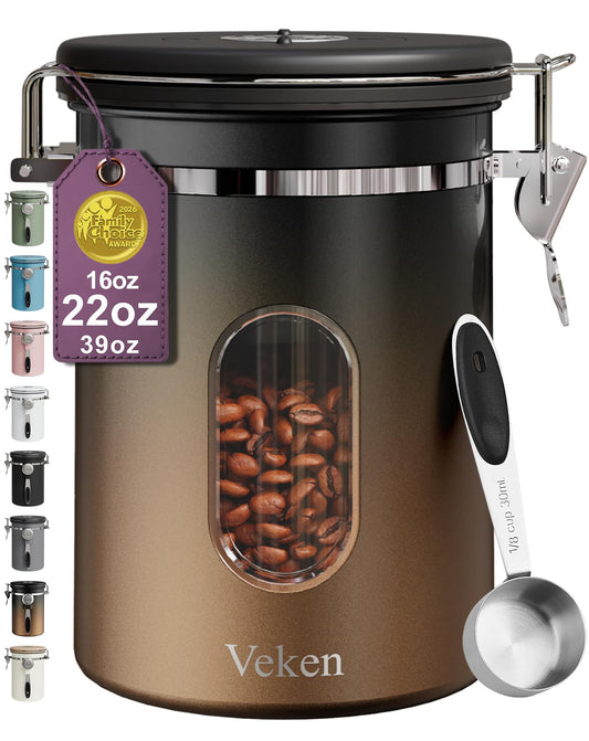 Veken Coffee Canister with Window, Airtight Stainless Steel Container, 22OZ