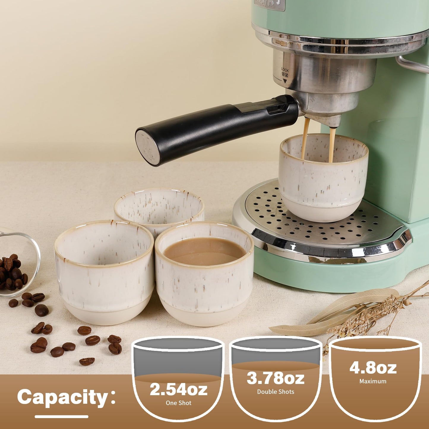 ZEBERBO Ceramic Espresso Cups Set of 4, Double Walled Espresso Coffee Mugs for Nespresso Cups