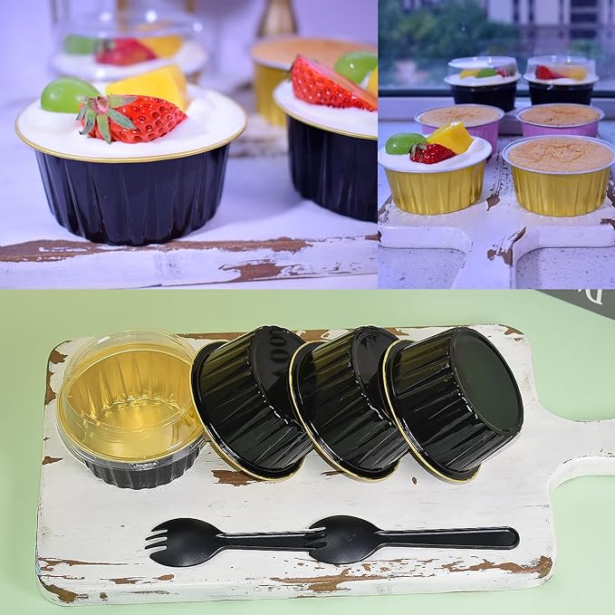 60 Pcs Mini Cake Pans with Lids,5oz Aluminum Foil Baking Cups Round Mini Disposable Ramekins 125ml Muffin Tin Ramekins Brownie Baking Cups, Dessert Cupcake Cups for Wedding Birthday Party