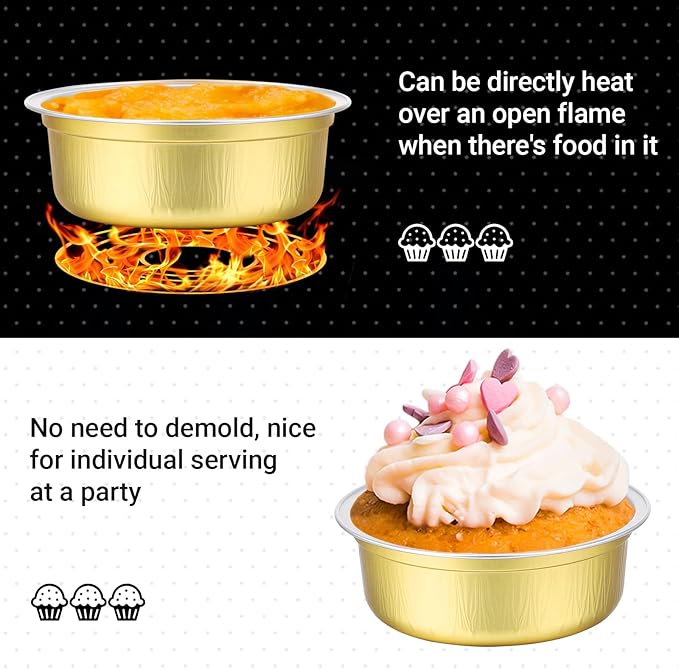 Beasea Aluminum Ramekins With Lids, 100 Pack 8.8oz 260ml 4 Inch Disposable Foil Aluminum Baking Cups Round Oven Baking Mini Cupcake Cups for Party - Golden
