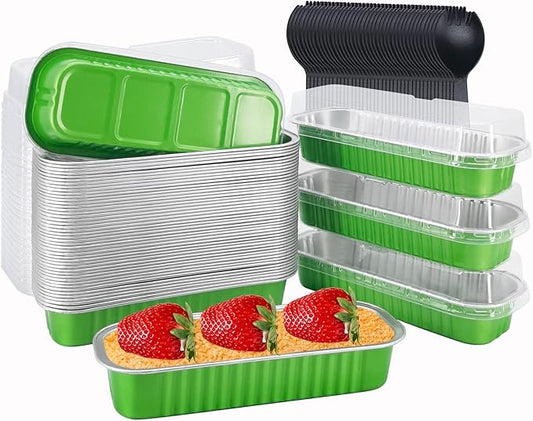 LNYZQUS 50 Pack Aluminum Baking Pans with Lids, 6.8oz Mini Loaf Pans,Rectangle Baking Tins Muffin Cups,Disposable Ramekins Mini Pans Tins Holders-Green