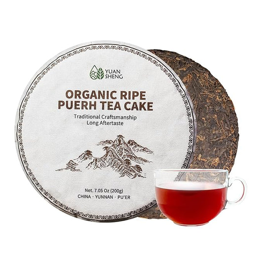 YUANSHENG Organic Ripe Pu-erh tea Cake, USDA Certified Aged Fermented Pu Erh Tea Cake, Woody Aroma, Chinese Yunnan Ancient Tree Puerh Tea Black Tea for Daily Drink and Gift, No Fishy, 7.06 Oz