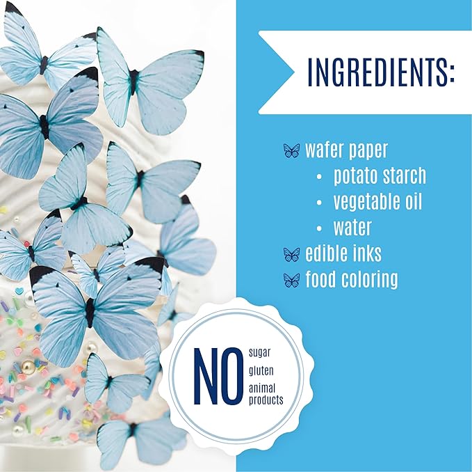 Sugar Robot Edible Butterflies for Cake Decorating - Small Pastel Blue Butterfly Cake Toppers and Cupcake Toppers - Decoration Made in the USA - Premium Crafted (Blue)