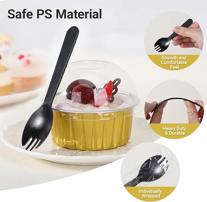 EUSOAR Gold Cupcake Liners and Sporks Disposable, 60pcs 5oz Disposable Aluminum Creme Brulee Muffin Ramekins with Lids，Foil Baking Cups with Lids for Picnic Wedding Birthday Party Family Gathering
