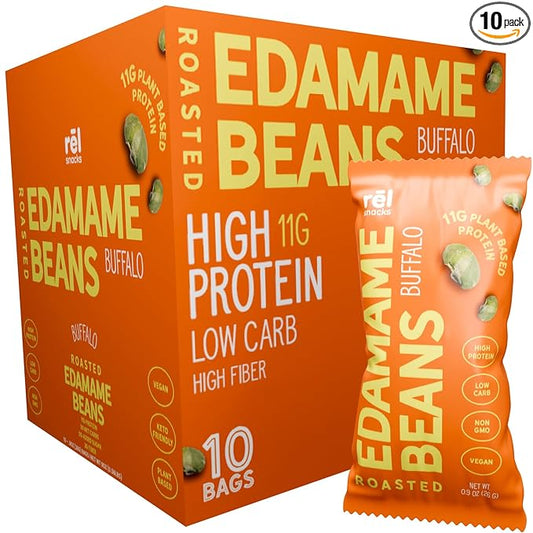 R휆l Snacks Buffalo Roasted Edamame ??High Protein Low Carb Snack (11g Protein per Serving) ??Keto-Friendly, Vegan, Non-GMO ??10-Pack 0.9oz Bags