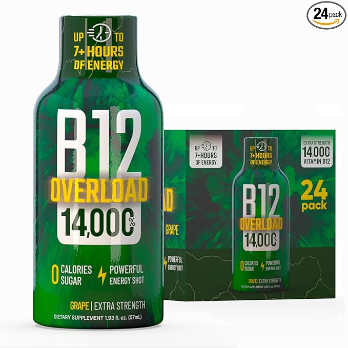 B12 Overload Extra Strength Energy Shot ??Grape ??260mg Caffeine, 14000% B12, Electrolytes ??Energy & Vitality Support ??Zero Sugar No Calories ??Vegan, Kosher, Gluten-Free ??1.93 fl oz, 24 -Pack