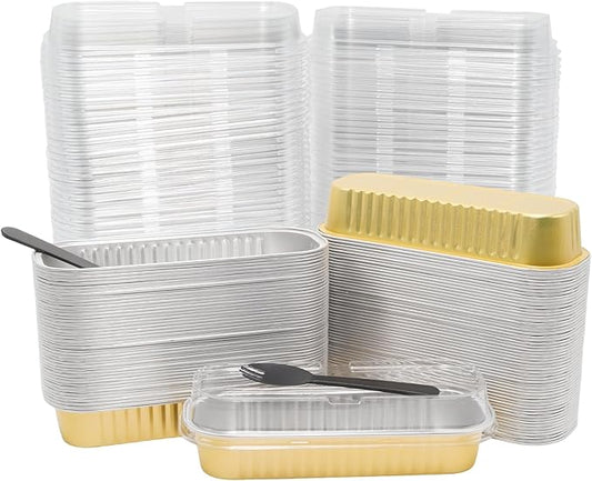 100 Pack 6.8oz Aluminum Cake Pans with Lids Rectangle Mini Loaf Pans Baking Cups Disposable Cupcake Baking Tins with 100 Pcs Plastic Spoons, Gold