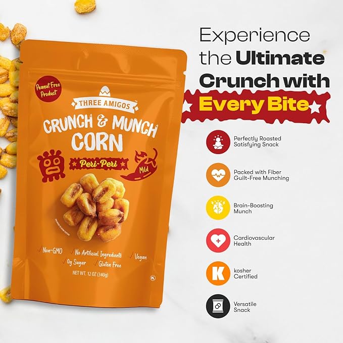 Three Amigos Corn Nuts Suger Free, 100% Vagan, Peanut Free Non-GMO (All Natural Ingredients) Guilt-Free snacking Toasted Corn Kernels in Reseable Bag - Crunchy & Munch Snack (12 OZ) (12 oz, Peri Peri)