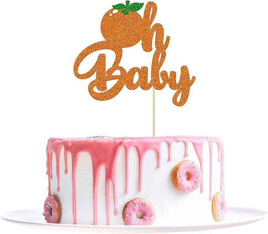 1Pc Little Oh Baby Cake Topper Glitter Orange Cake Pick Citrus Fruit Theme Baby Shower Kids Birthday Party Tangerine Clementine Fruit Party Cupcake Decorations Supplies