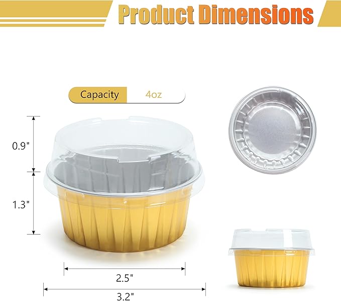 Aluminum Cups with Lids, 4.2oz 50Pcs Gold Disposable Cake Pans with Lids, Creme Brulee Cups, Mini Cake Pans for Party, Wedding, Birthday