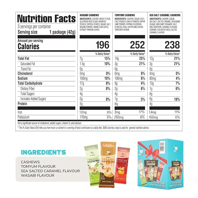 NEWBAM Mix Cashews Variety Packs (Wasabi, Tom Yum, Sea Salt Caramel) - 12 Cashew Snack Packs Roasted Nuts (1.5oz Each) ??Keto, Vegan, Gluten-Free - Healthy Snacks for Trail Mix, Office, or Party
