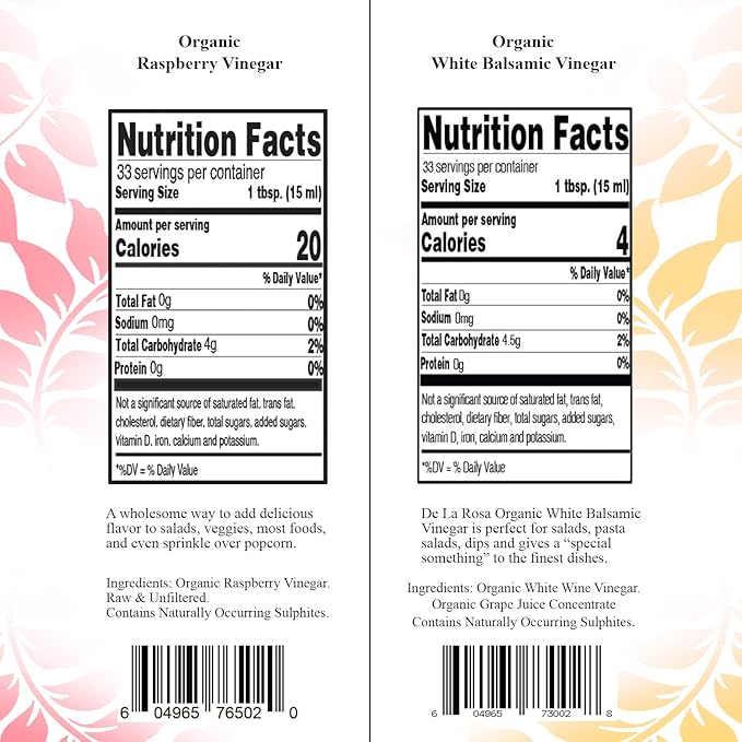 De La Rosa Organic Raspberry and White Balsamic Vinegar, Vegan, Kosher, Non-GMO & Gluten Free, Great for Salad Dressings, Marinades and More 16.9 Oz (pack of 2)