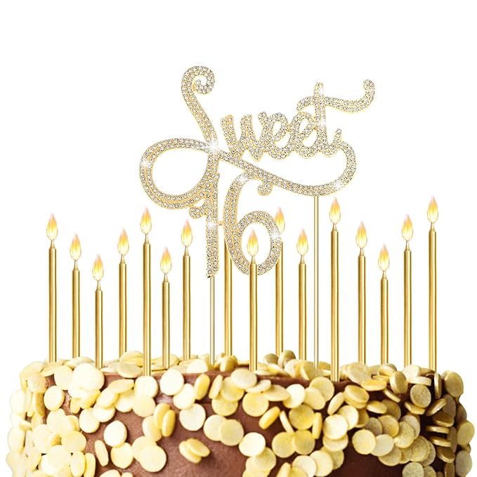 Tondiamo Sweet 16 Birthday Decorations Rhinestone Sweet 16 Cake Toppers 20 Pcs Metallic Happy Birthday Candles 16 Cake Decorations for Cupcake Decor(Gold White)