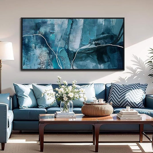 Abstract Canvas Wall Art -Blue-Green and Fan Art Large Wall Art for Living Room Bedroom Decor Framed Pictures Artwork for Walls Size 20x40Inches