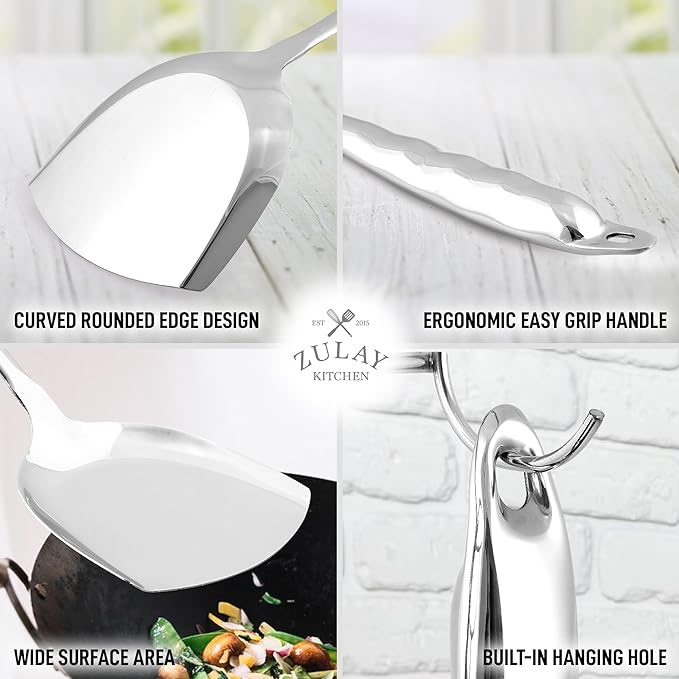 Zulay Kitchen Stainless Steel Metal Wok Spatula - Durable Wok Turner Spatula Shovel - Durable Utensil with Ergonomic, Easy to Use Handle - Easy to Clean, Perfect for at Home Cooks & Chefs - 14.8??,<div>
