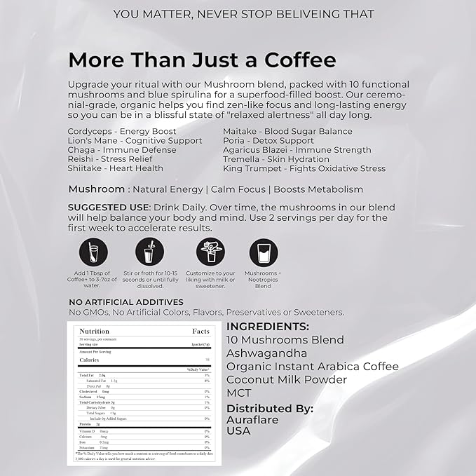 AuraFlare Mushroom Coffee | Premium Everyday Adaptogenic Mushroom for Better Focus, Energy and Digestion | Chaga, Lions Mane & L-Theanine | Doze Mushroom Coffee| 30 Servings (Pack of 1)