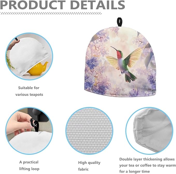 Hummingbird Purple Flower Tea Cozy for Teapot Insulated Tea Cosy Washable Tea Pot Dust Covers Breakfast Warmer for Home Kitchen Office Holiday Party D챕cor