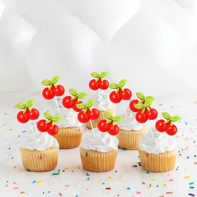 30 Pack Cherry Birthday Cupcake Toppers Red Glitter Cherry Cupcake Picks for Fruit Baby Shower Kids 1st Birthday Summer Cake Decorations Party Supplies