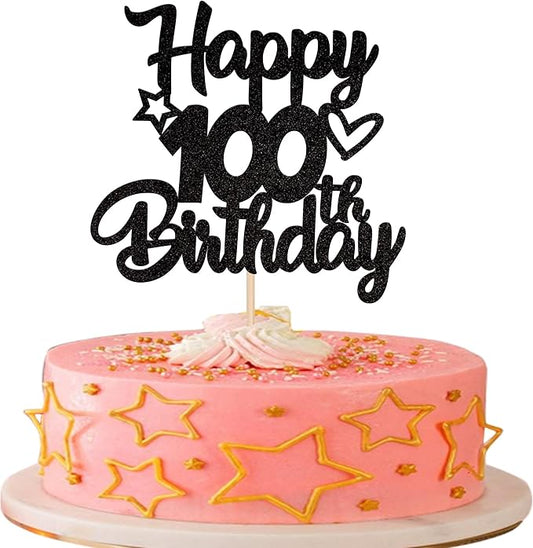 1 Pack Happy 100th Birthday Cake Topper - Glitter Heart Star 100 Fabulous Cake Pick Sign Decorations for Theme Party Supplies - Black