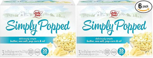 Jolly Time Simply Popped - Lightly Salted Microwave Popcorn, 3oz Sharing Bag, 3 Bags Per Carton (Simply Popped Butter, 3 Ounce (Carton of 3)) (Pack of 2)