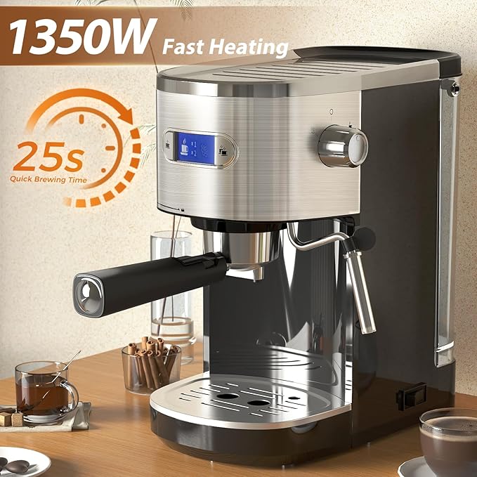 Espresso Machine 20 Bar, Professional Compact Stainless Steel Coffee Maker with LCD Display, Steam Wand, 45oz Removable Water Tank, for Espresso, Cappuccino, Latte at Home or Office