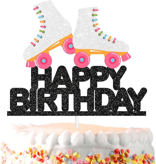 White Roller Skating Happy Birthday Cake Topper - Neon Roller Skating Party Retro Rock Disco Themed Party Decoration Supplies for Boys or Girls - SugarGera