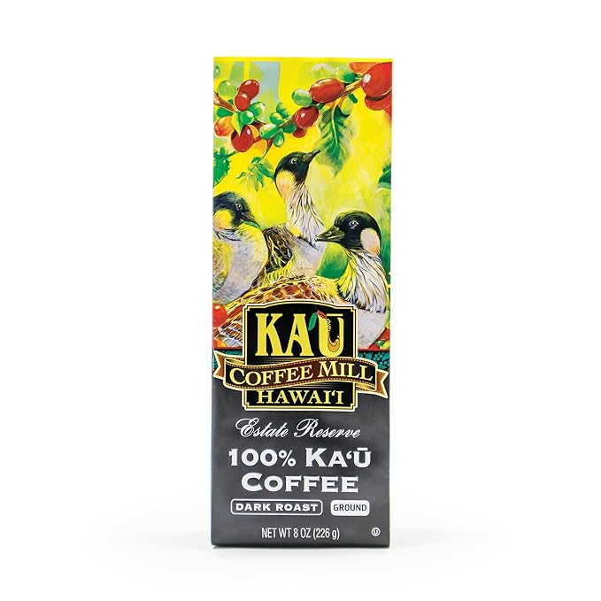 Ka'u Coffee Mill Estate Reserve Dark Roast Ground Coffee - Rich Chocolate Notes - Pure Ka'u Coffee - Specialty Roast - Handpicked Hawaii Grown Arabica Beans - Gourmet Small Batch Coffee - 8oz
