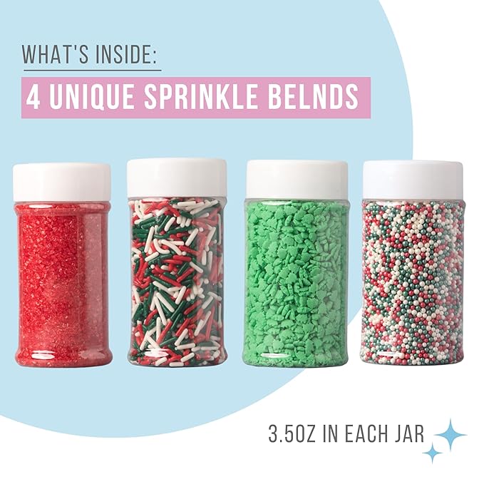 Sweets Indeed, Christmas Sprinkles, 4 Pack, Holiday Edible Sprinkle Mix, Perfect for Cake Decorations, Baking, Ice Cream, Cookies, Cupcake Topper (Christmas)