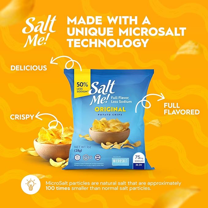 SaltMe! Original Potato Chips - 24 count 1oz Bags - 50% Less Sodium, Kosher, Non-GMO, Gluten Free - Less Salt, Great Flavor