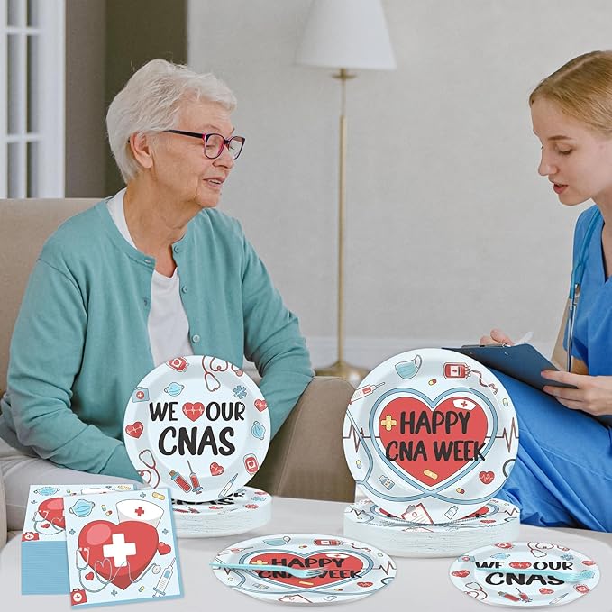 96Pcs Happy CNA Week Plates and Napkins Nurse Appreciation Week Party Decorations We Love Our CNAS Dessert Plates Nurse Tableware for 24 Guests CNA Appreciation Week Party Supplies