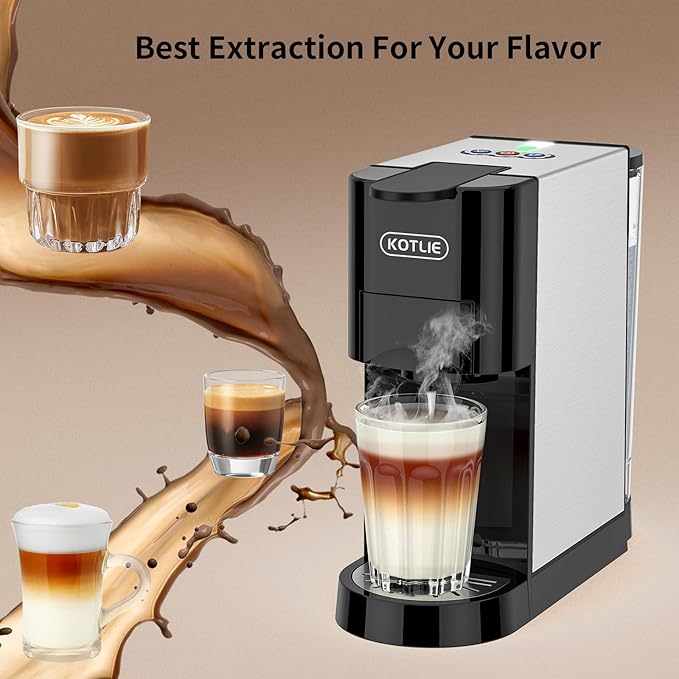 KOTLIE 19Bar Single Serve Coffee Maker, 5in1 Espresso Machine for Keu* kcup Capsules/Nespresso Original/Dolce Gusto/Ground Coffee/44mm ESE, Level 7 Water volume, Hot&Cold Brew Coffee Machine
