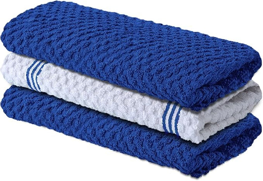 Infinitee Xclusives Premium Kitchen Towels ??Pack of 3, 100% Cotton |15 x 25| Inches Absorbent Dish Towels - Terry Kitchen Dishcloth Towels - Blue Dish Cloth for Household Cleaning