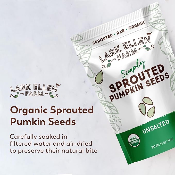 Lark Ellen Farm Sprouted Organic Pumpkin Seeds, Unsalted Raw Pumpkin Seeds Organic, Pepitas, Vegan, Non GMO, Gluten Free, Paleo, and Keto Friendly (14 oz, 6 Pack)