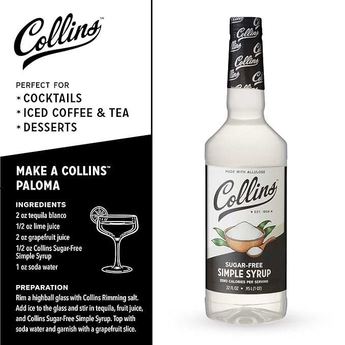 Collins Sugar Free Simple Syrup For Drinks, Allulose Coffee Syrups, Low Carb Cocktail Sweetener Keto 32oz. Set of 1