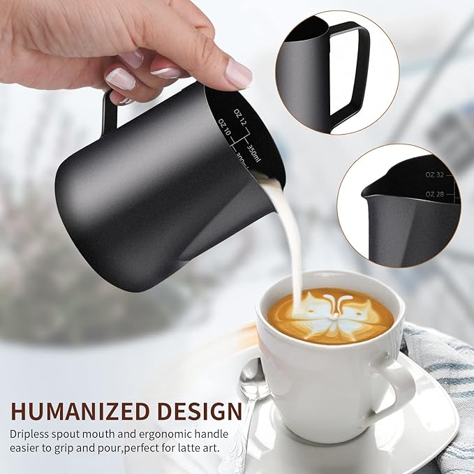 Milk Frothing Pitcher, 12OZ/350ML Stainless Steel Espresso Steaming Pitcher Coffee Milk Frother Cup with Decorating Art Pen for Espresso Machine, Milk Frother, Latte Art Black