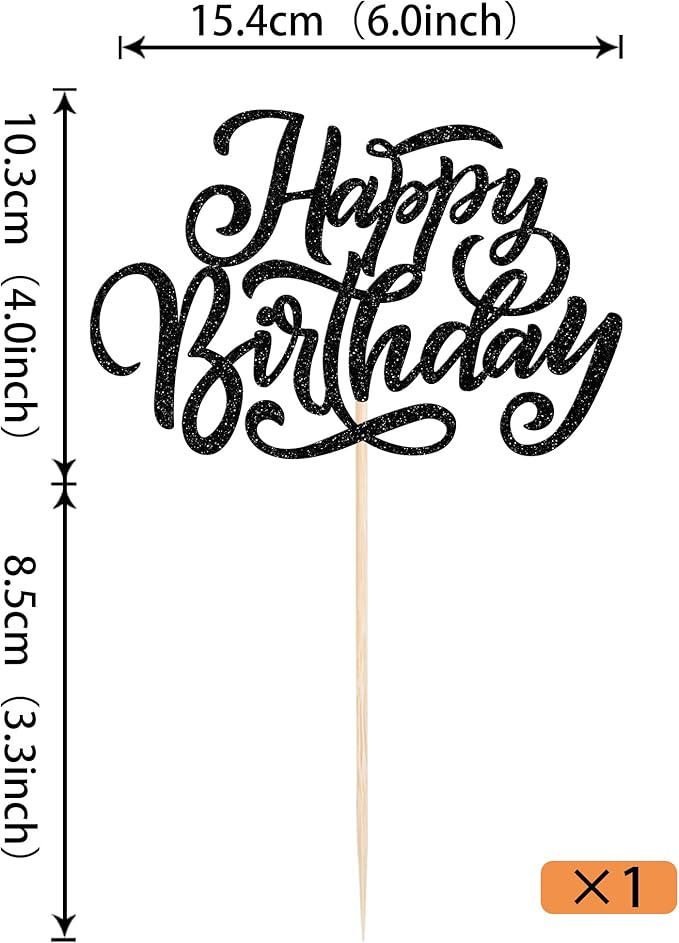 Rsstarxi 1 Pack Happy Birthday Cake Topper Glitter Men Women Birthday Cake Pick for Anniversary Celebration Party Decoration, Birthday Party Cake Decorations Supplies Black