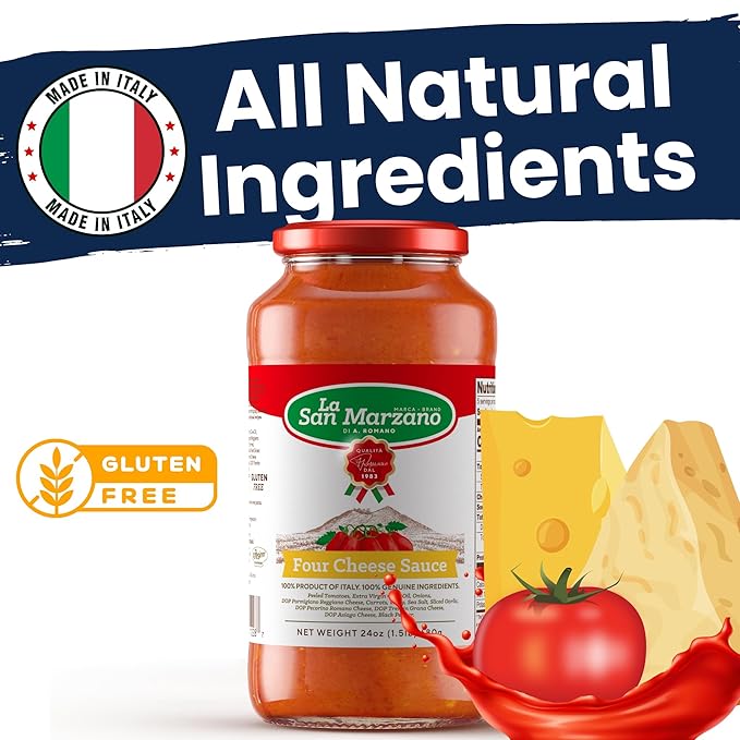 La San Marzano Four Cheese Sauce, 24 oz, Pasta Sauce Made in Italy, All Purpose Tomato Premium Quality, All Natural, Non GMO, Gluten Free