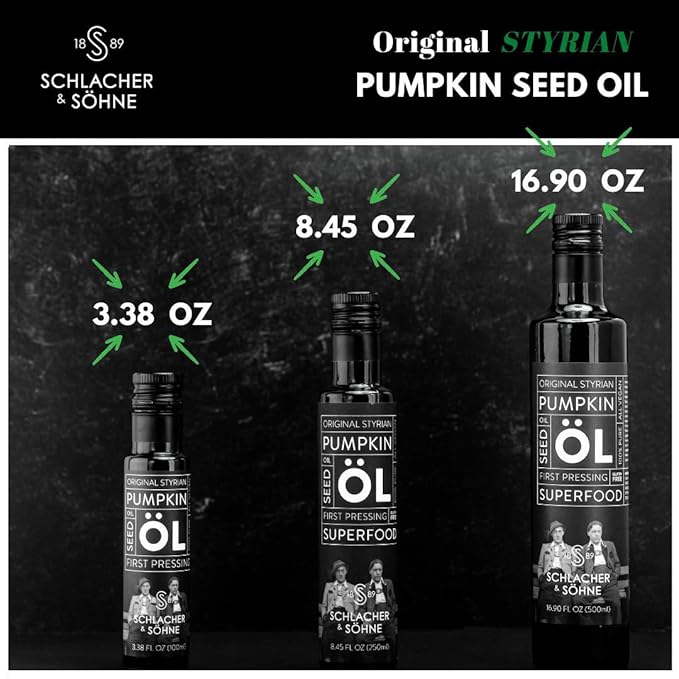 Schlacher & S철hne Styrian Pumpkin Seed Oil: 100% Pure, Cold Pressed, Non GMO, Gluten Free, Vegan, May Helps in Hair Growth, Made in Austria (500 ml, 16.9 FL OZ)