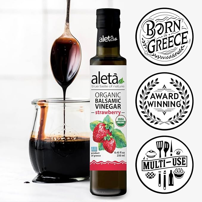 Aleta Farms Balsamic Vinegar, Greek Organic Strawberry Infused Aged Balsamic Vinegar, USDA Organic, Perfect for Salad Dressings, Pasta, Desserts & Cocktails, Glass Bottle, 8.45 fl oz (Strawberry)