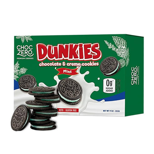 ChocZero Mint Dunkies ??Mint Creme Chocolate Sandwich Cookies, Sugar Free, Keto Friendly, Low Net Carb, High Fiber, Gluten Free ??9oz Box