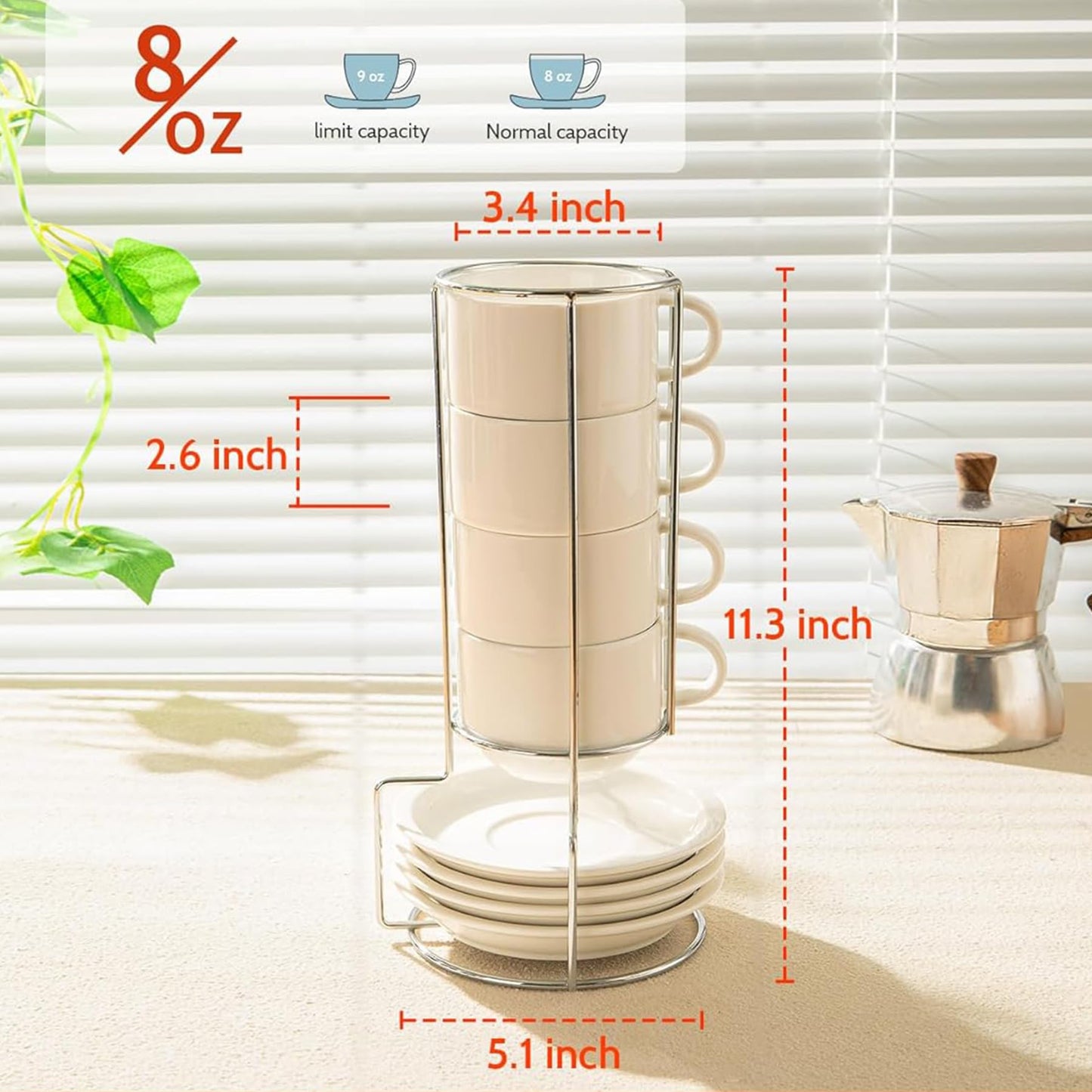 Sweese 8 Ounce Porcelain Stackable Cappuccino Cups with Saucers and Metal Stand - for Specialty