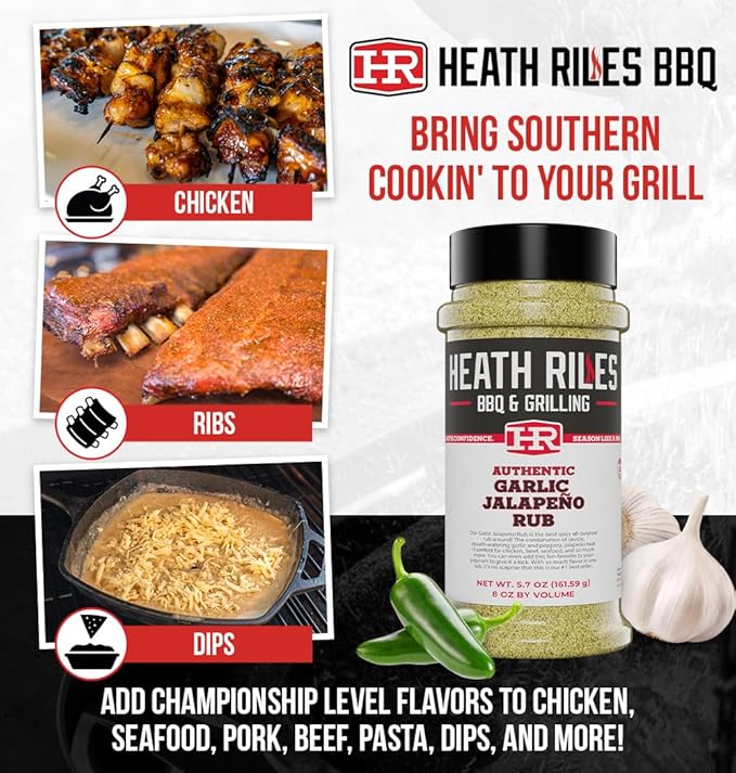 Heath Riles BBQ Rub - Garlic Jalapeño Seasoning, Champion Pitmaster Recipe, Legendary Rubs For Smoking & Grilling, 70+ BBQ Championships, 8 oz.