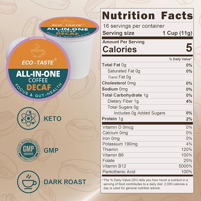 Decaf Mushroom Coffee K Cup – Focus & Gut-Health with 14-Mushrooms, Vitamins, L-Theanine and Alpha GPC, Single Serve Pods - No Crash or Jitters, 16 Count