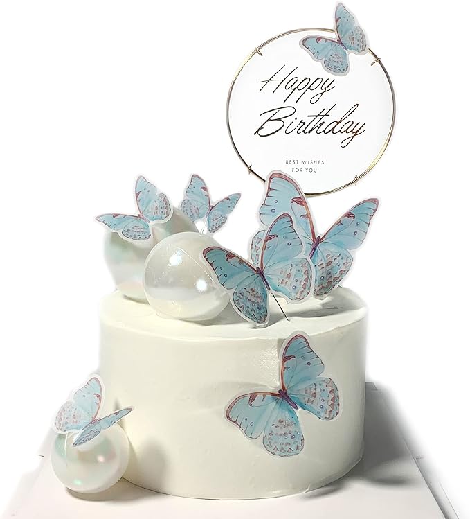 11-Piece Turquoise Butterfly Cake Toppers Set: Happy Birthday Metal Gold Cake Toppers & Decorations
