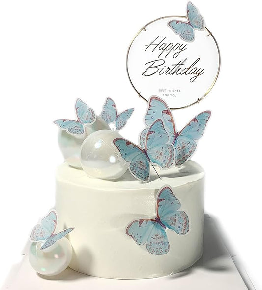 11-Piece Turquoise Butterfly Cake Toppers Set: Happy Birthday Metal Gold Cake Toppers & Decorations