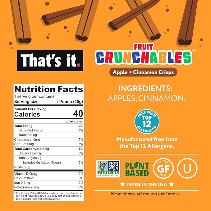 That?셲 it. Fruit Crunchables Apple + Cinnamon Crisps, 15-Pack ??100% Plant-Based Fruit Snacks for Kids, Non-GMO, Gluten-Free, No Added Sugar, Allergen-Free, Healthy Lunchbox Snack for Kids & Adults
