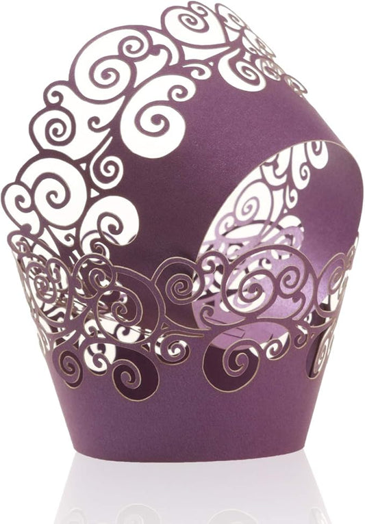 Cupcake Wrappers, KPOSIYA 100 Pack Cupcake Wraps Filigree Artistic Bake Cake Paper Cup Little Vine Laser Cut Liner Baking Cups Muffin Case Trays for Wedding Party Birthday Decoration (100, Purple)
